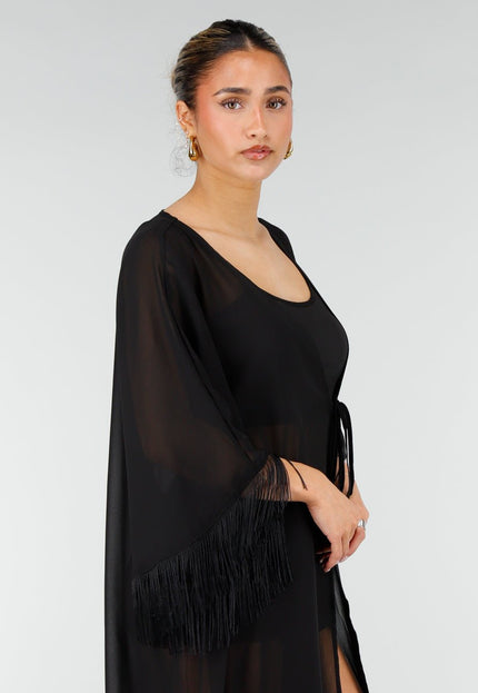 NEW010426 Zwarte Kimono met Franjes en Striksluiting