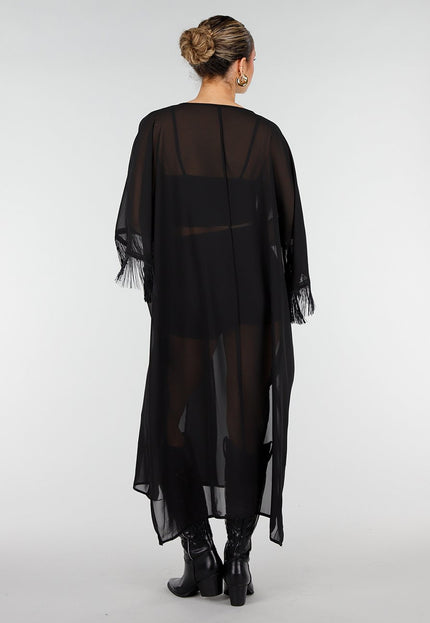 NEW010426 Zwarte Kimono met Franjes en Striksluiting