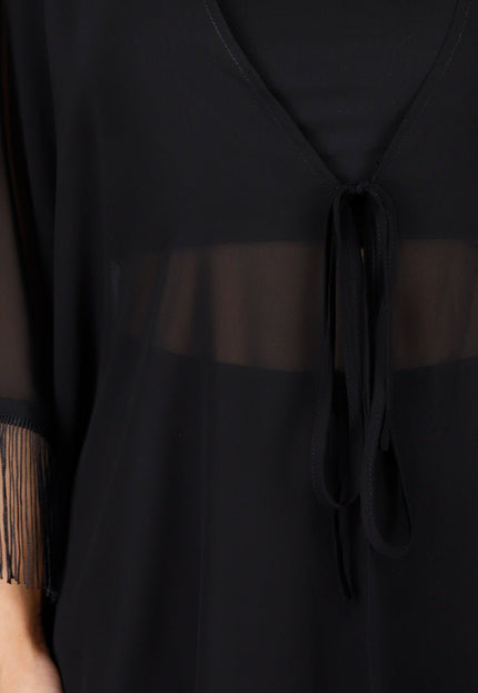 NEW010426 Zwarte Kimono met Franjes en Striksluiting