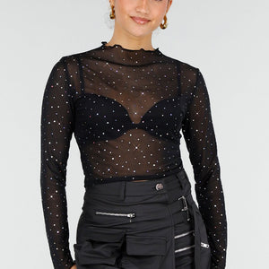 NEW010426 Zwarte Mesh Top met Strass Steentjes