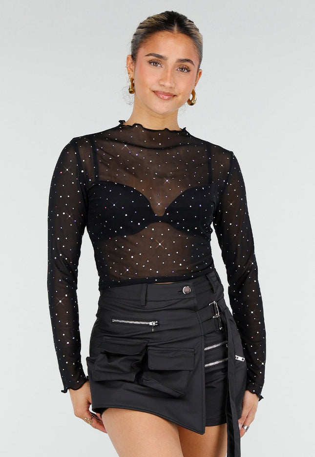 NEW010426 Zwarte Mesh Top met Strass Steentjes