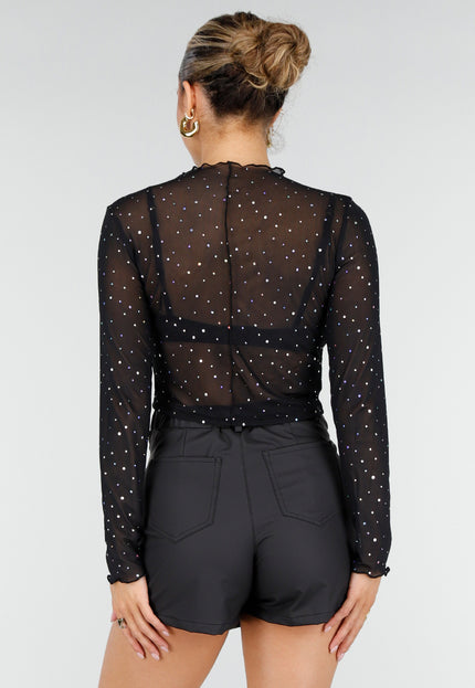 NEW010426 Zwarte Mesh Top met Strass Steentjes