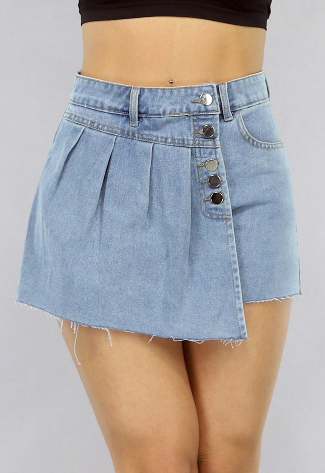 NEW0105 Geplooide Denim Overslag Skort in Lichtblauw