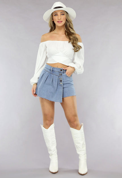 NEW0105 Geplooide Denim Overslag Skort in Lichtblauw