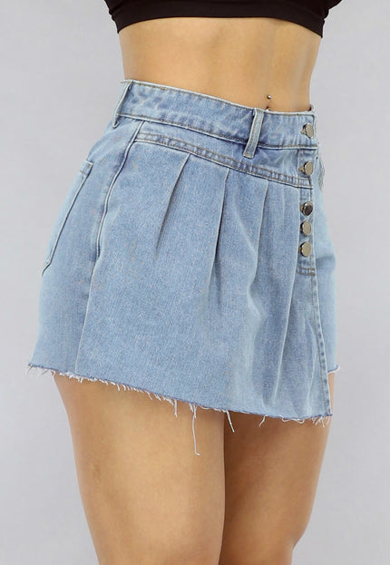 NEW0105 Geplooide Denim Overslag Skort in Lichtblauw