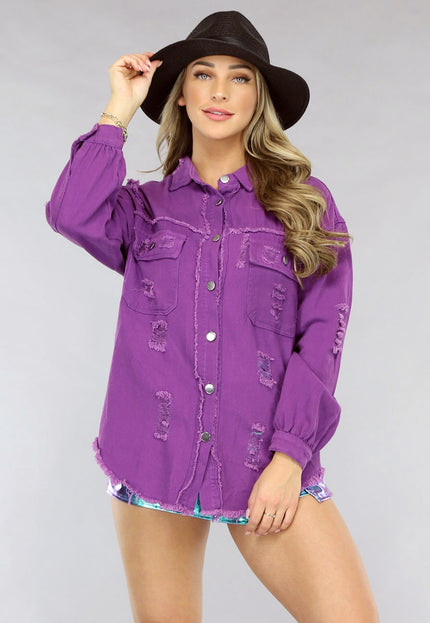 NEW0105 Paarse Denim Blouse met Zakken