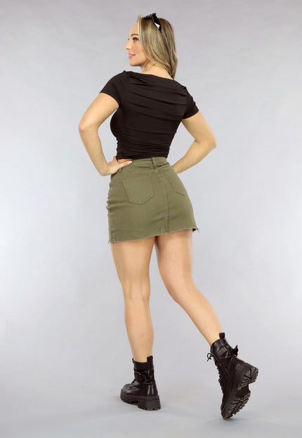 NEW0105 Zwarte Korte Mouwen Top met Geplooide Details