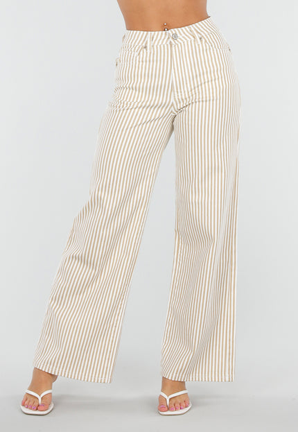 NEW010726 Beige Gestreepte Wide Leg Broek