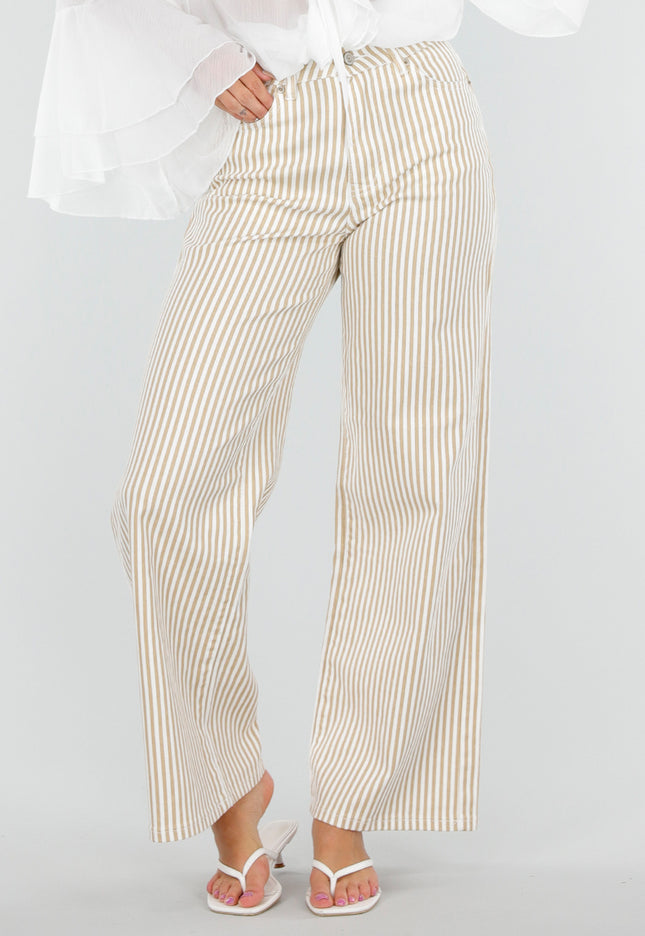 NEW010726 Beige Gestreepte Wide Leg Broek