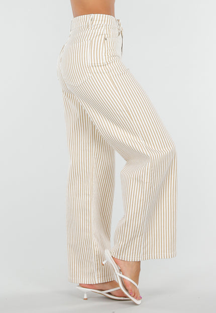 NEW010726 Beige Gestreepte Wide Leg Broek