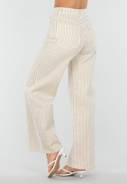 NEW010726 Beige Gestreepte Wide Leg Broek