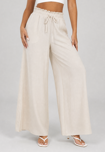 NEW010726 Beige Wide Leg Broek met Smock Taille