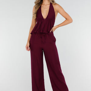 NEW010726 Bordeaux Halter Top en Broek Set