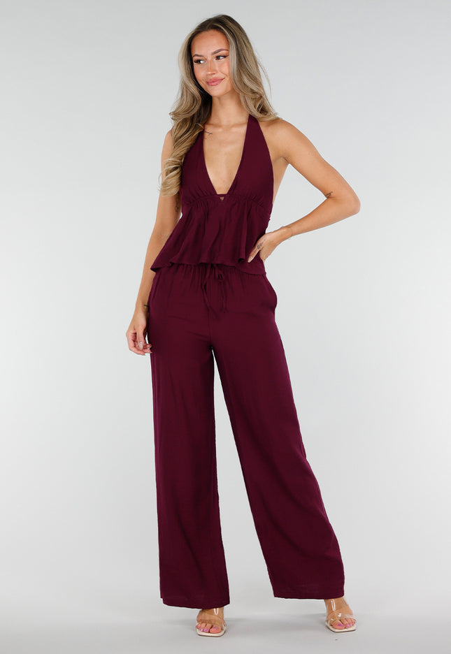 NEW010726 Bordeaux Halter Top en Broek Set