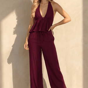 NEW010726 Bordeaux Halter Top en Broek Set