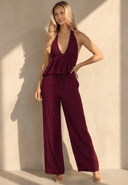 NEW010726 Bordeaux Halter Top en Broek Set