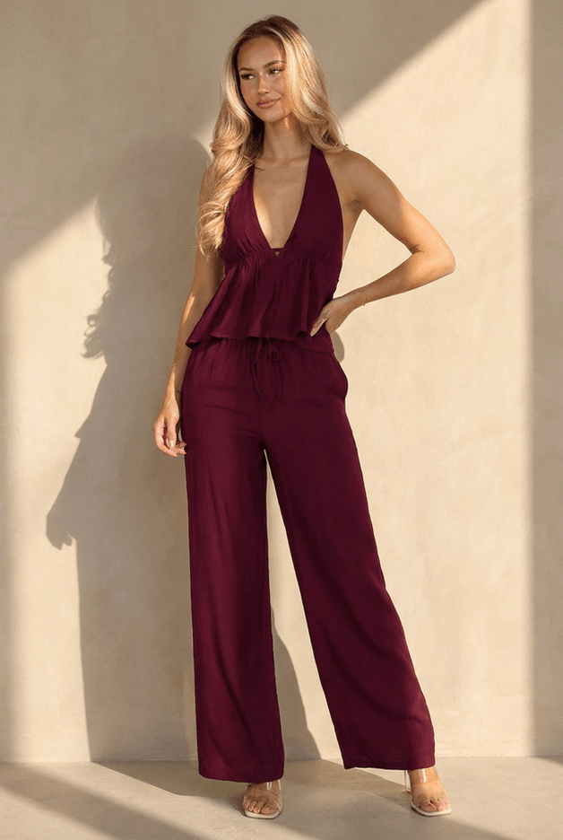 NEW010726 Bordeaux Halter Top en Broek Set
