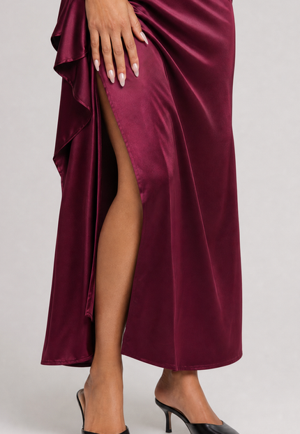 NEW010726 Bordeaux Off Shoulder Satijnen Maxi Jurk