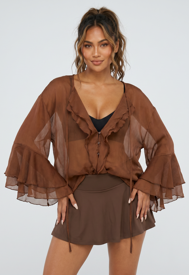 NEW010726 Bruine Chiffon Blouse met Ruches