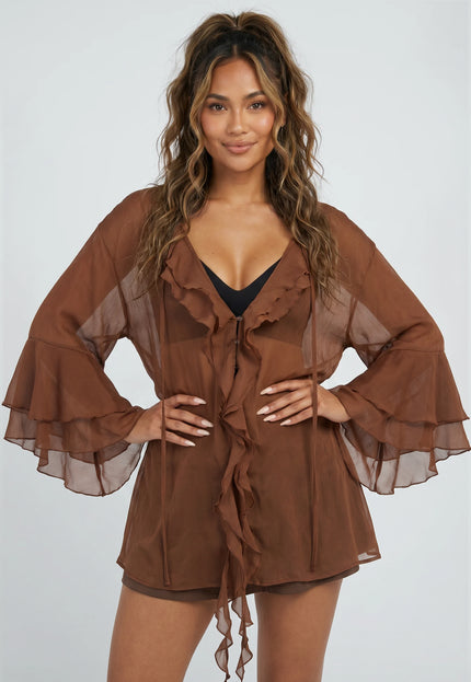 NEW010726 Bruine Chiffon Blouse met Ruches