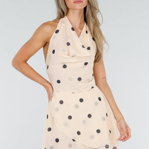 NEW010726 Crème Polkadot Halterjurk met Stippen