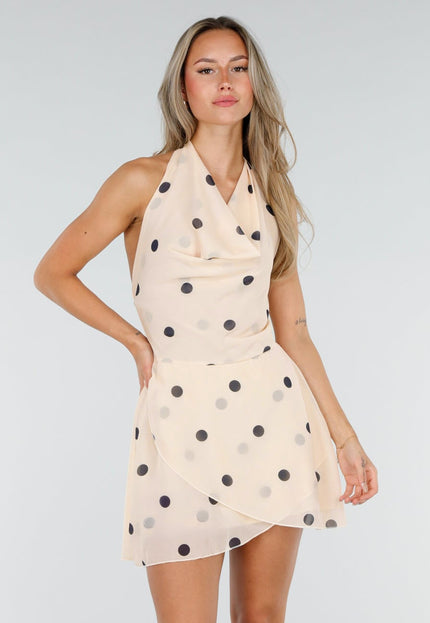 NEW010726 Crème Polkadot Halterjurk met Stippen