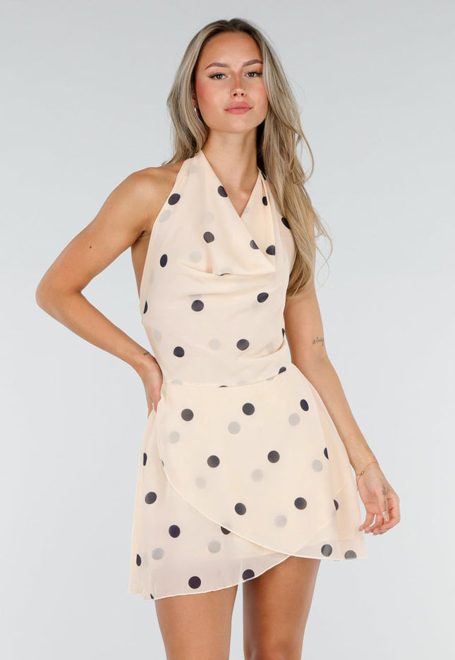 NEW010726 Crème Polkadot Halterjurk met Stippen