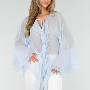 NEW010726 Lichtblauwe Chiffon Blouse met Ruches