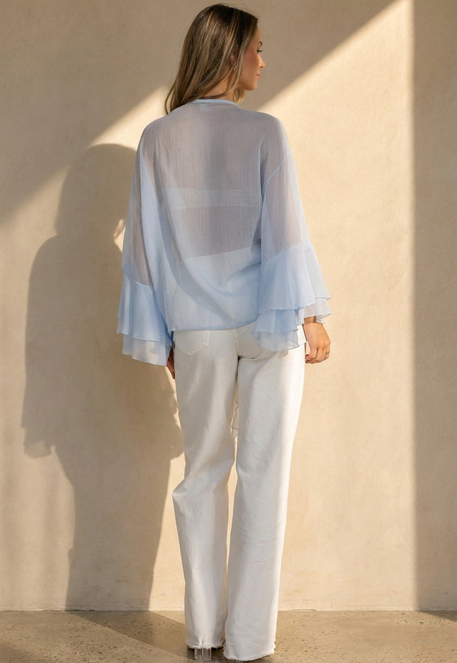 NEW010726 Lichtblauwe Chiffon Blouse met Ruches