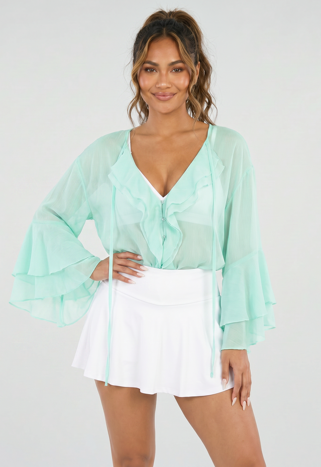 NEW010726 Mintgroene Chiffon Blouse met Ruches