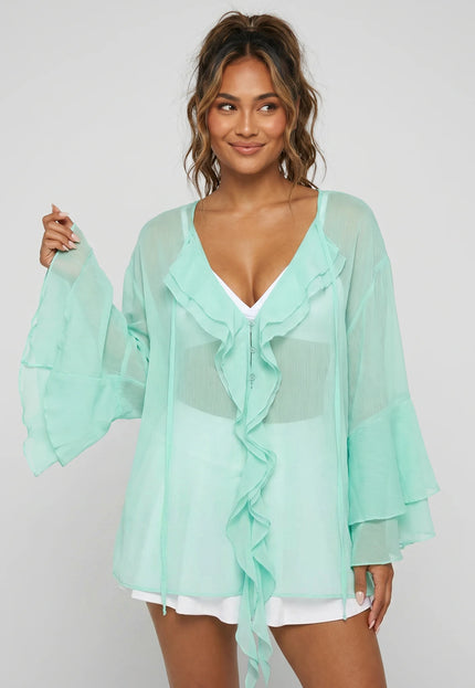 NEW010726 Mintgroene Chiffon Blouse met Ruches