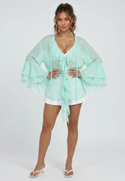 NEW010726 Mintgroene Chiffon Blouse met Ruches