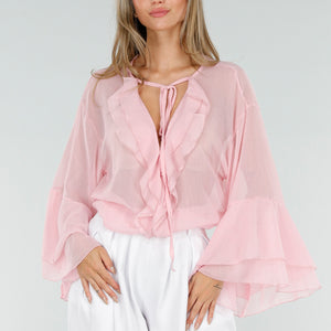 NEW010726 Roze Chiffon Blouse met Ruches