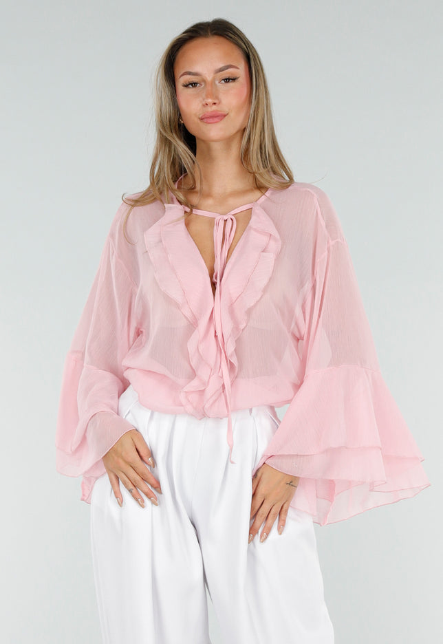 NEW010726 Roze Chiffon Blouse met Ruches