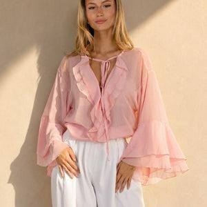NEW010726 Roze Chiffon Blouse met Ruches