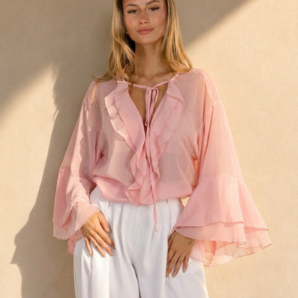 NEW010726 Roze Chiffon Blouse met Ruches
