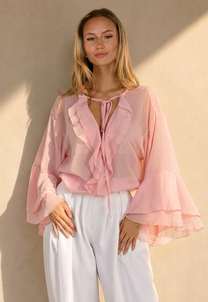 NEW010726 Roze Chiffon Blouse met Ruches