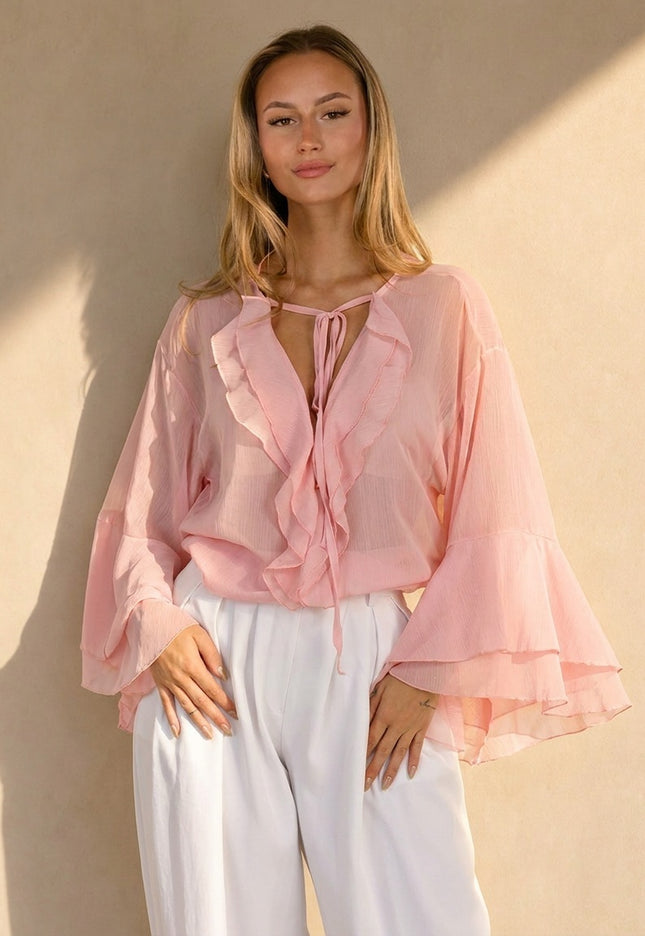 NEW010726 Roze Chiffon Blouse met Ruches