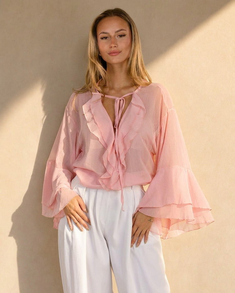 NEW010726 Roze Chiffon Blouse met Ruches