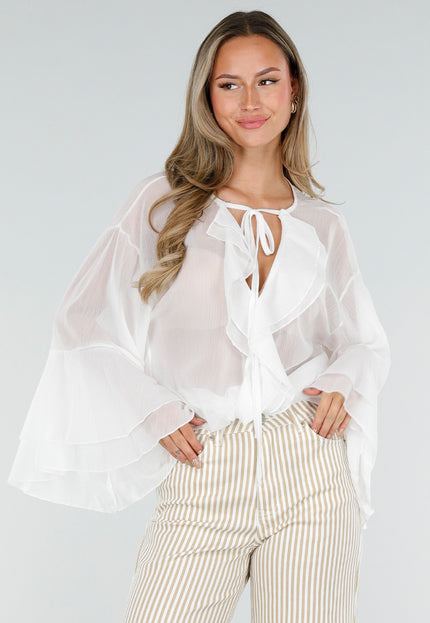 NEW010726 Witte Chiffon Blouse met Ruches