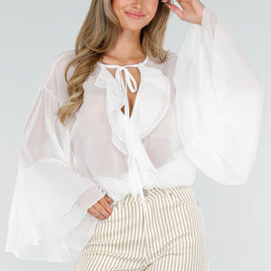 NEW010726 Witte Chiffon Blouse met Ruches