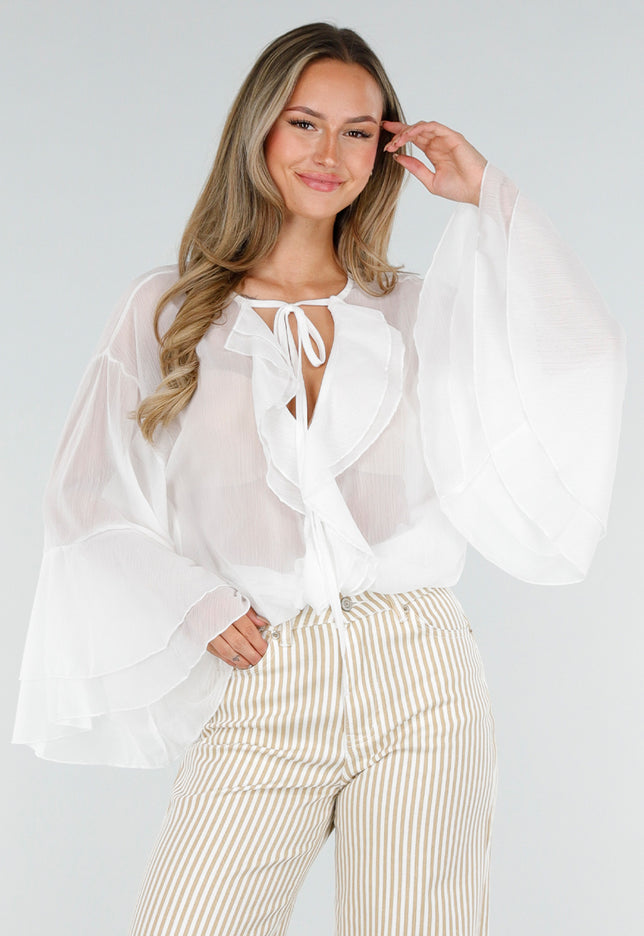 NEW010726 Witte Chiffon Blouse met Ruches
