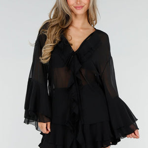 NEW010726 Zwarte Chiffon Blouse met Ruches