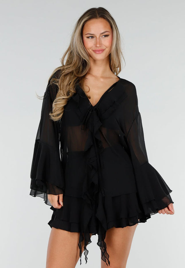 NEW010726 Zwarte Chiffon Blouse met Ruches