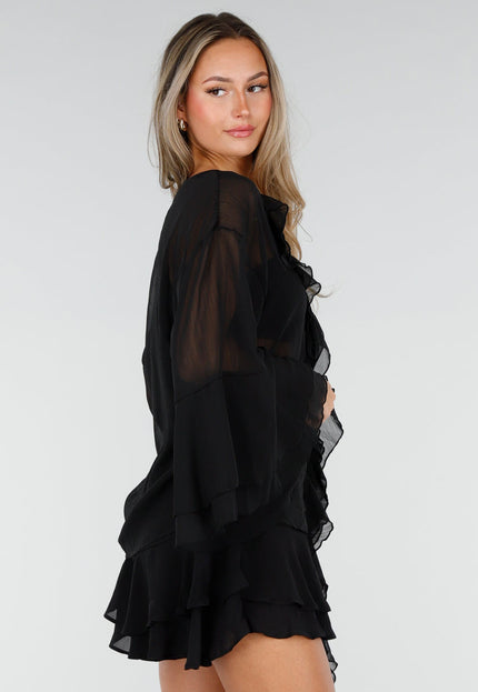 NEW010726 Zwarte Chiffon Blouse met Ruches