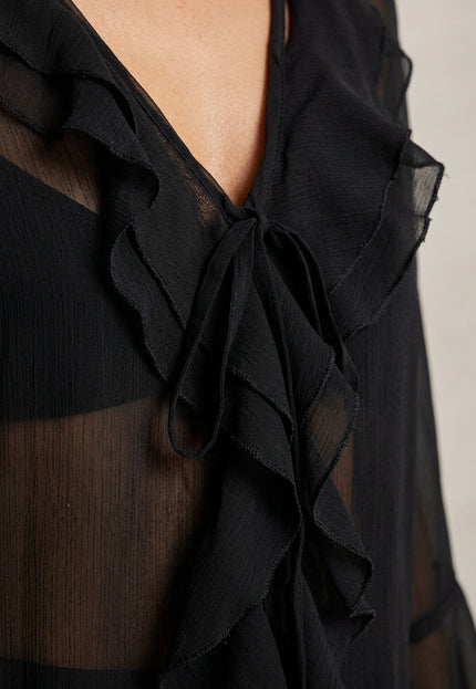 NEW010726 Zwarte Chiffon Blouse met Ruches
