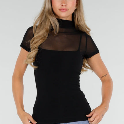 NEW010726 Zwarte Mesh Top met Hoge Hals