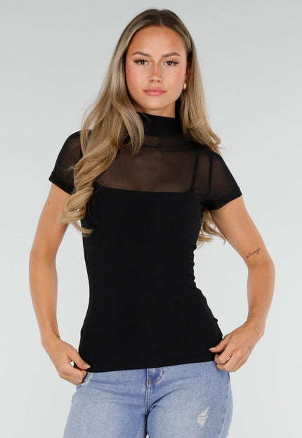 NEW010726 Zwarte Mesh Top met Hoge Hals