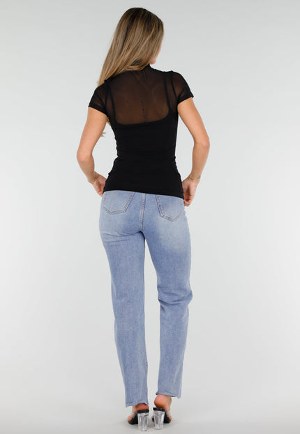 NEW010726 Zwarte Mesh Top met Hoge Hals