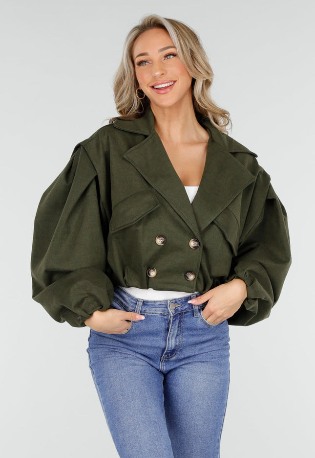 NEW011025 Groene Cropped Trench Jas